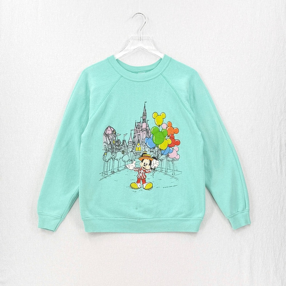VINTAGE DISNEY Sweatshirt Large Teal Mickey Mouse Castle Balloons Crew Tultex - Picture 2 of 15